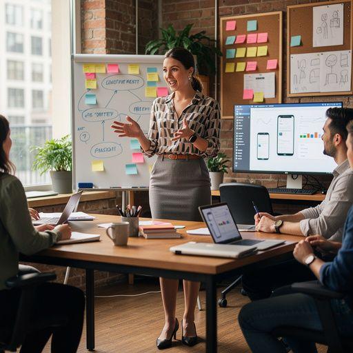 Workspace featuring dual monitors showing project management software with collaborative features.